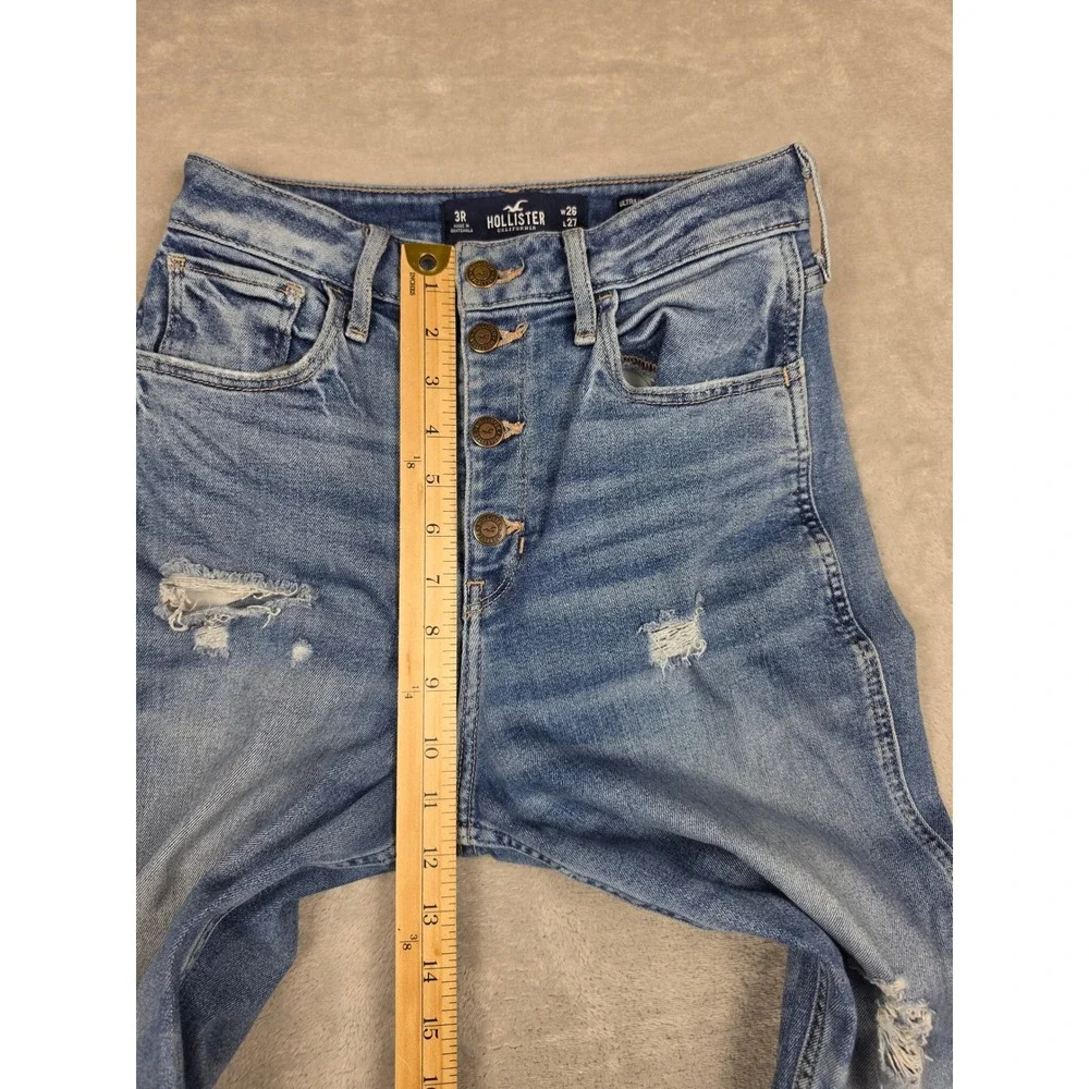Hollister Ultra High-Rise Mom Jean Women 3R W26 L27 Blue Distressed Button Fly